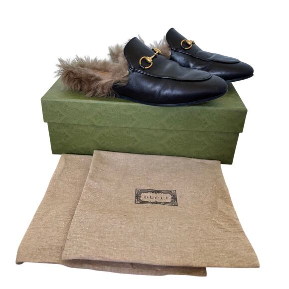 Gucci Princetown Horsebit Fur Lined Flat Loafer Mule Black Leather Size EU 38.5 - Picture 1 of 16